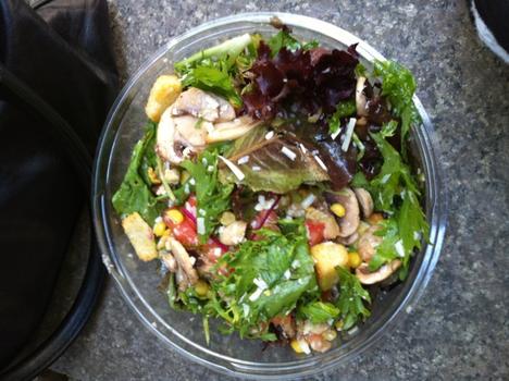 Lunch: salad with parmesan cheese, croutons, corn, avocado, mushrooms, olive oil, salt and pepper Lunch: salad with parmesan cheese, croutons, corn, avocado, mushrooms, olive oil, salt and pepper